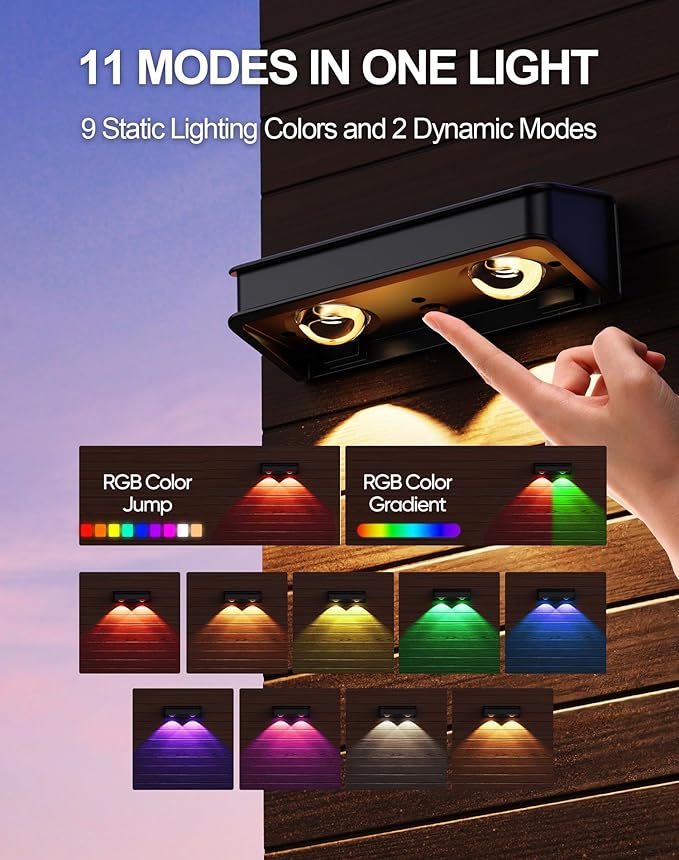 Solar Fence Lights 10 Pack, 9 Color Modes Outdoor Bulb Waterproof Led IP65, Solar Outdoor Lights for Backyard/Railing/Step/Wall/Patio/Yard (Black)