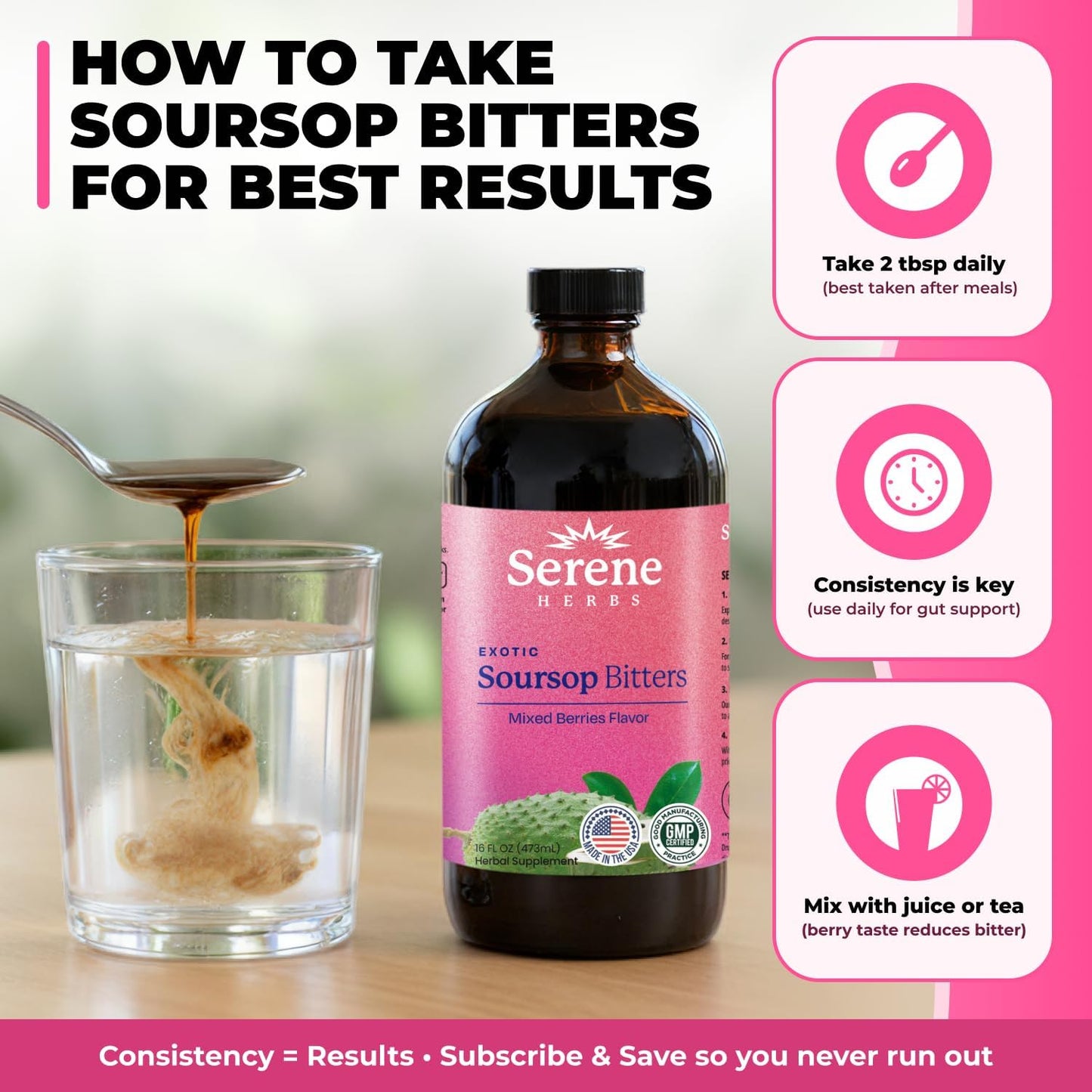 Serene Herbs Soursop Bitters Liquid - Organic Herbal Sour Sop Guanabana with Black Seed, Moringa, Irish Moss & Ginger – Gut Support, Energy & Immune Boost – Vegan, Non-GMO – Mixed Berry Flavor – 16 oz