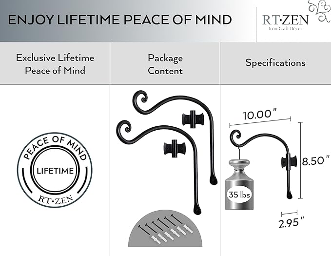 RTZEN Plant Hangers Outdoor or Indoor - Wrought Iron Metal Hanger Indoor Hook - Heavy Duty Wall Bracket Hooks for Hanging Plants Baskets Lanterns Wind Chimes - 2 Pack (Black Axe-Shape Hooks)