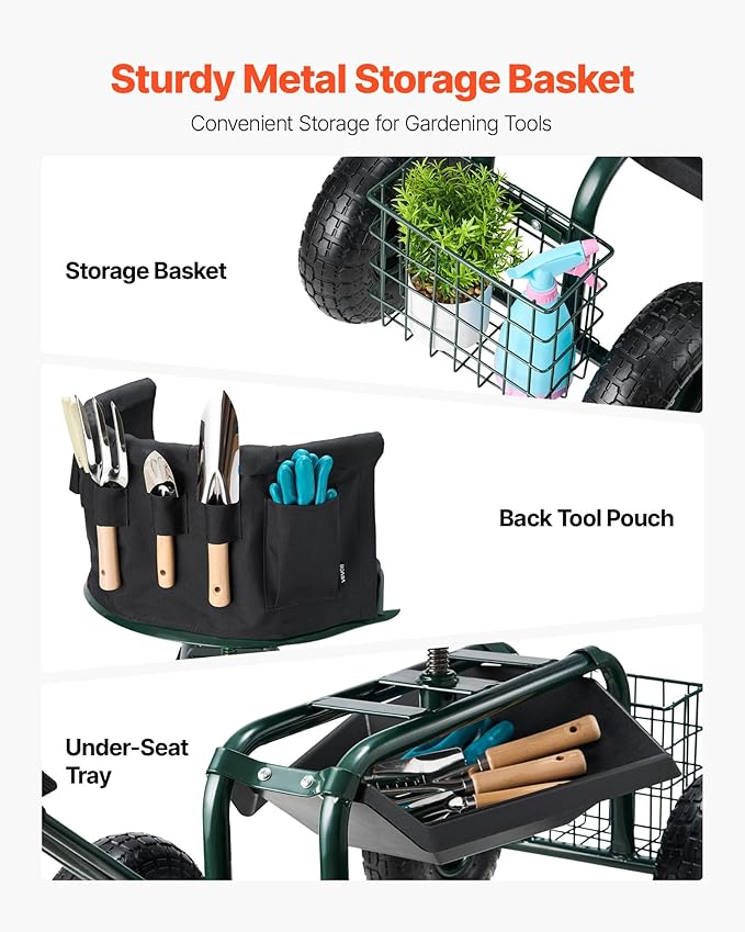 VEVOR Rolling Garden Seat with Wheels, Gardening Stool with Height Adjustable & 360°Swivel Seat, Ergonomic Backrest & Tool Storage, 400lbs Weight Capacity, Garden Scooter Wagon Cart for Yard, Patio
