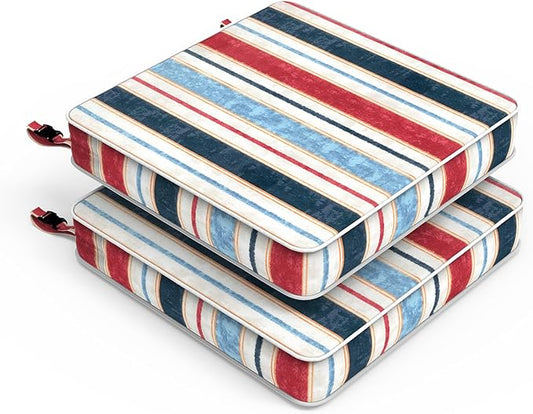 LVTXIII Patio Chair Cushions 19"x19"x3", Water-Repellent Outdoor Seat Cushions for Patio Furniture, Square Chair Pads with Ties for Home Garden Decoration, Set of 2, Stripe Red Blue