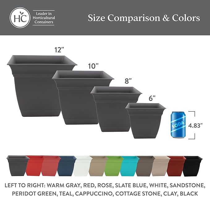 The HC Companies 10 Inch Eclipse Square Planter with Saucer – Indoor Outdoor Plant Pot for Flowers Vegetables Herbs, Teal