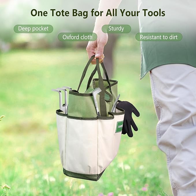 sungwoo Garden Tool Set 10 Piece, Heavy Duty and Lightweight Aluminium Alloy Tools with Ergonomic Handle, Sturdy Storage Tote Bag, Gardening Hand Tools, Gardening Gift for Women and Men Green
