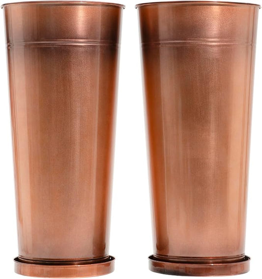 28in Tall Antique Copper Metal Vintage Planter Set of 2,Galvanized Steel Planter Pots for porches/Indoor/terraces Patio- Copper Color(2planters,2inner pots with Holes, 2trays)