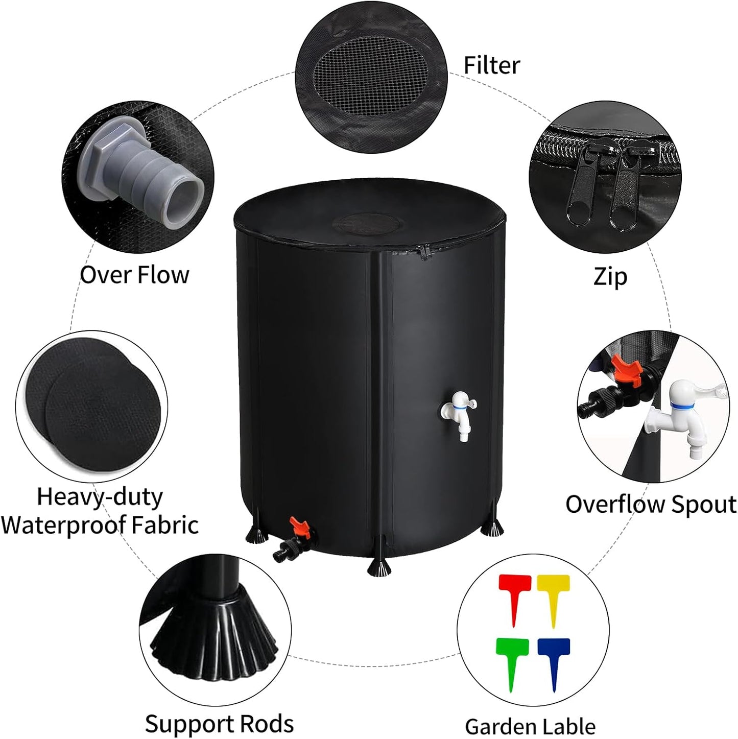 Collapsible Rain Barrel, 50 Gallon Portable Rainwater Collection System, Water Storage Tank, Rain Catcher Barrel with Two Spigots and Overflow Kit, Rain Water Barrel Collector for Garden, Black
