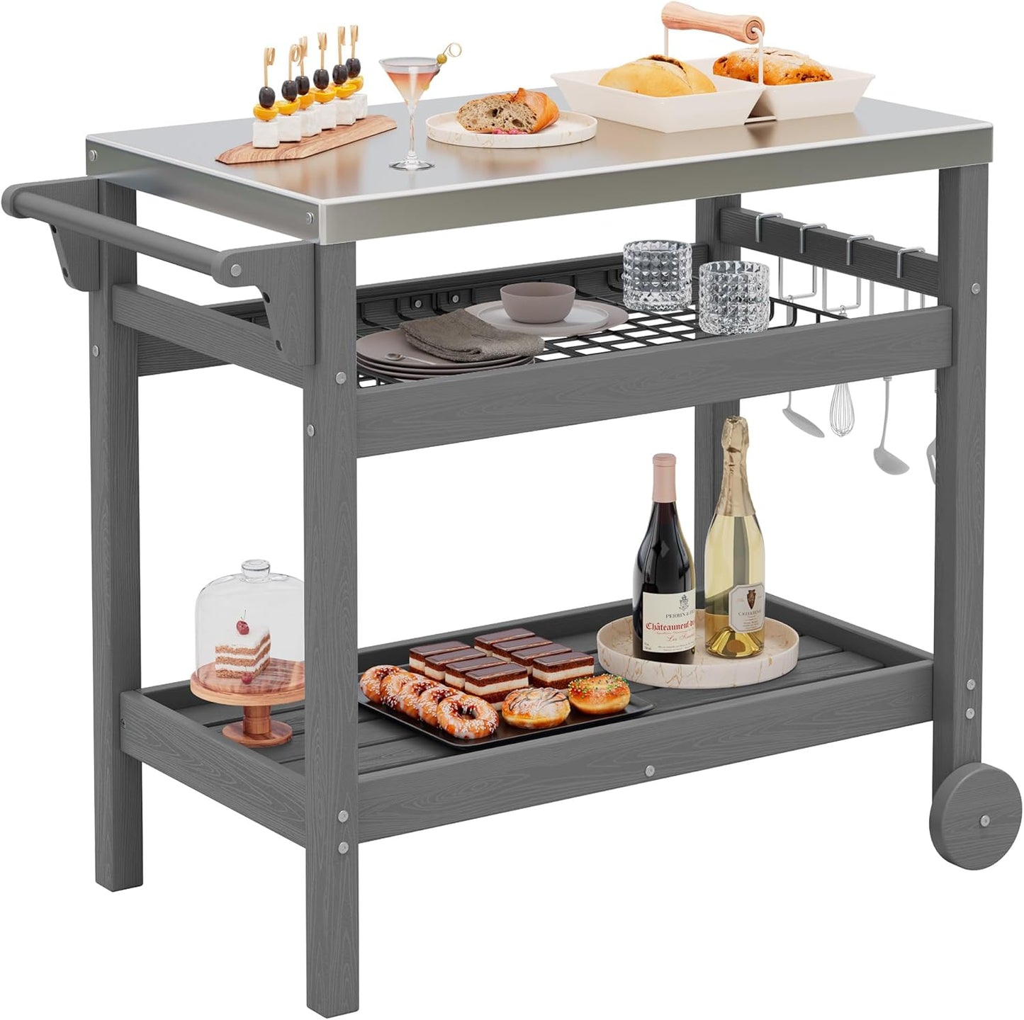 SERWALL Outdoor Grill Cart, HDPE Pizza Oven Stand Trolley Table with Wheels, Three-Shelf Movable Food Prep and Work Table, Grey