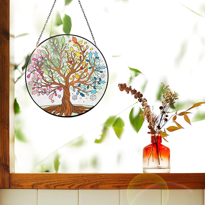 Tuitessine Big Size Tree of Life Stained Glass Suncatcher Four Season Theme Colorful Leaves Wall Window Hanging Ornament Hand-Painted Glass Panel Gift for Women Christmas Thanksgiving Gift 7.9 × 7.9”