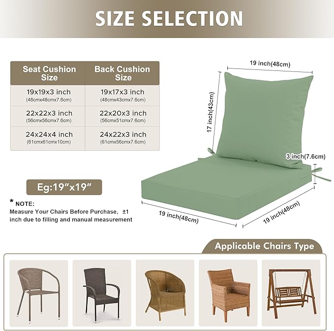 24x24 Inch Outdoor Cushions for Patio Furniture Set of 2, Waterproof Outdoor Chair Cushions w/Fade-Resistant, Removable & Machine-Washable Covers, Deep Seat Sofa/Couch Pads Replacement, Sage Green