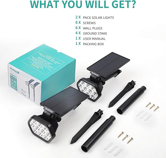 Nekteck Solar Lights Outdoor,10 LED Landscape Spotlights Powered Wall Lights 2-in-1 Wireless Adjustable Security Decoration Lighting for Yard Garden Walkway Porch Pool Driveway (2 Pack, Warm White)