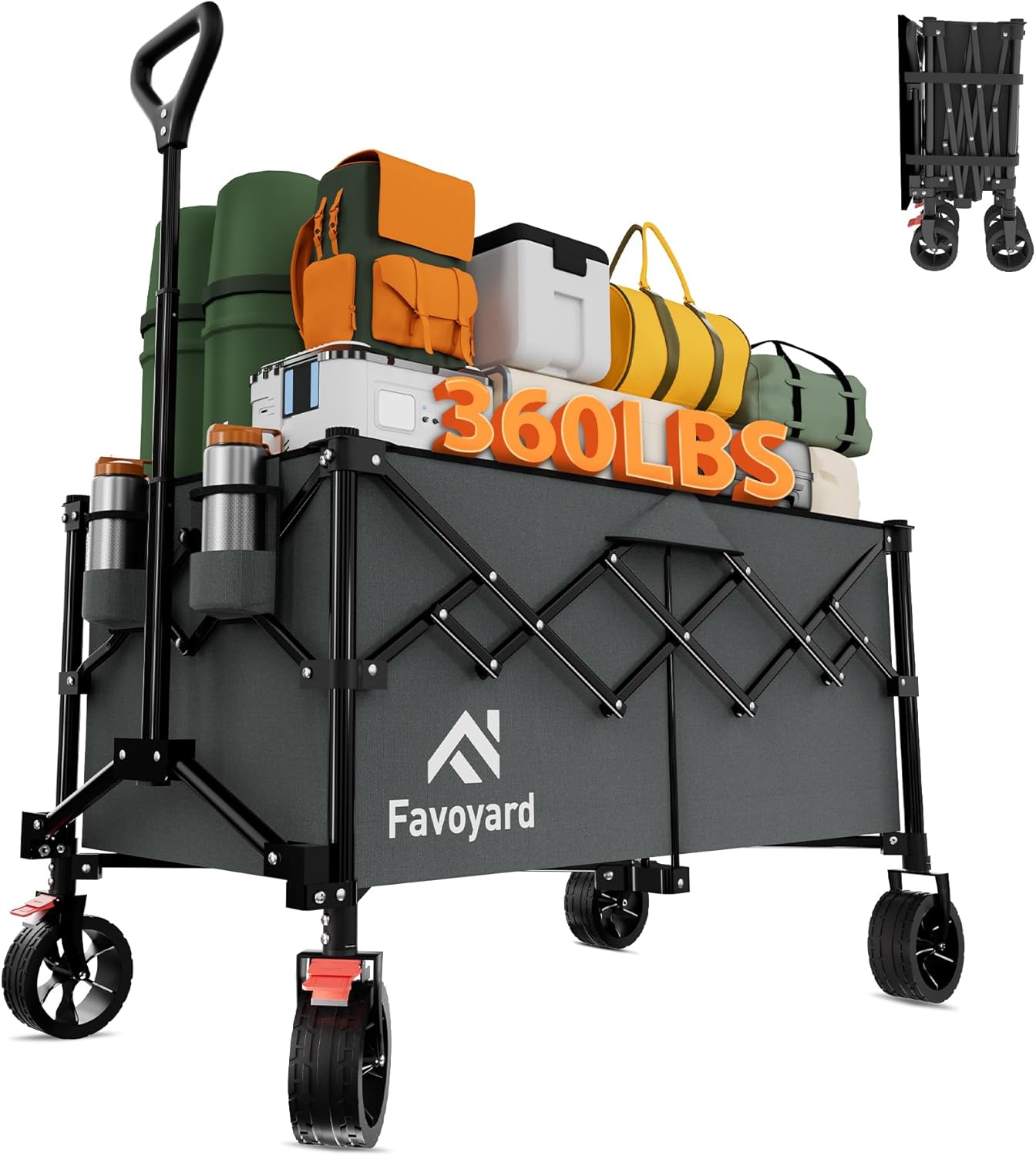 Favoyard Extra Large Collapsible Wagon Carts Foldable 360LBS Heavy Duty Beach Wagons with Big Wheels & Brakes Portable Folding Cart for Shopping Grocery Utility Sports Garden Camping Outdoor, Gray