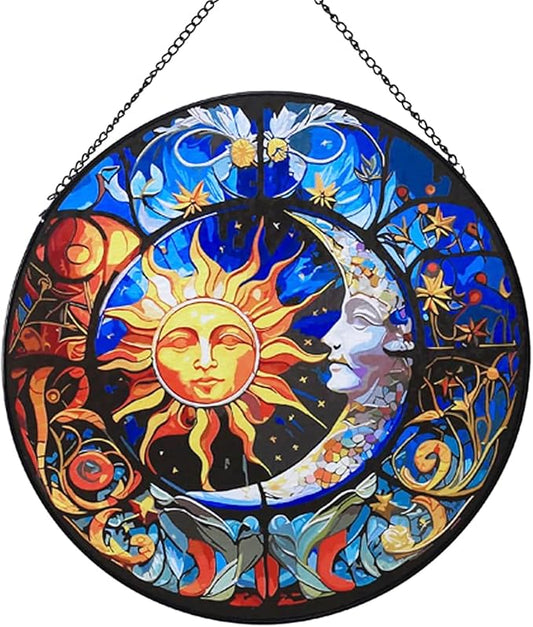 Stained Glass Suncatcher,Sun and Moon Artistic Window Hanging,7.8” Hand-Painted Glass Panel Wall Home Decor,Gift for Women Garden Decor Suncatcher (Sun and Moon), BL009