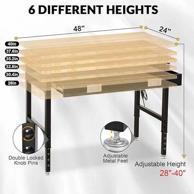 48" Workbench with Drawers, Adjustable Height Work Bench 2000 LBS Heavy-Duty Work Table Rubber Wood Work Station with Power Outlet & Pegboard for Garage, Office, Workshop, Home, Party Shop
