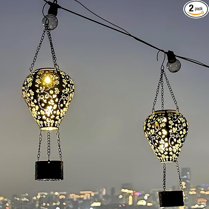 2-Pack Bee Decor Hot Air Balloon Solar Lantern – Outside Decorative Hanging Light for Garden Yard Patio Porch Lawn and Pathway – Unique Housewarming, Birthday Gift for Women Mom Grandma