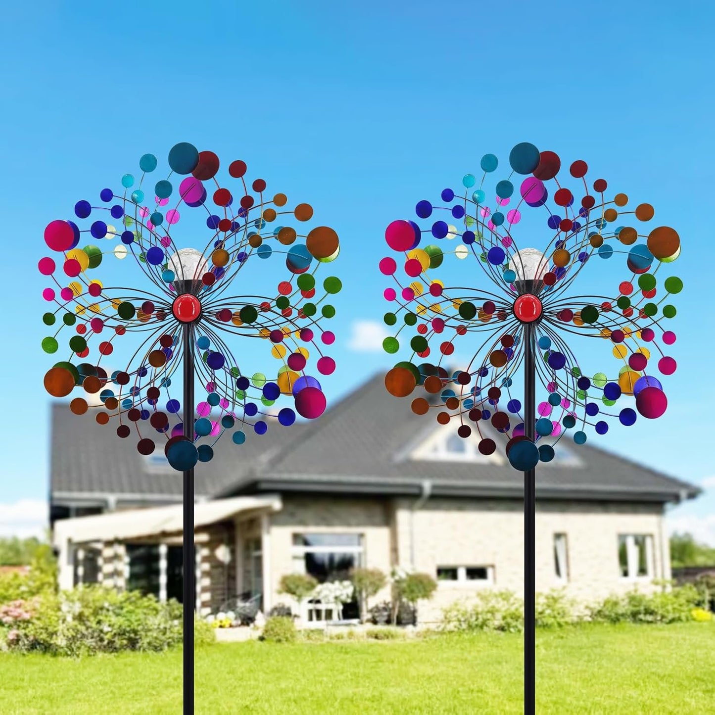 Outdoor Wind Spinner with Garden Stake 88.58" Metal Two-Way Wind Sculptures Solar Color Changing Lights Large Windmills for Garden,Patio,Yard,Lawn Decor Gifts Round