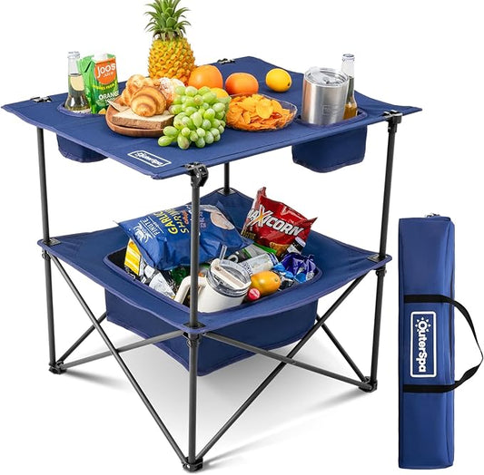 Folding Camping Table, Portable Outdoor Picnic Table, Rectangular Lightweight Camp Table with Storage, Cup Holder and Carry Bag for Barbeque Beach Camping and Tailgate