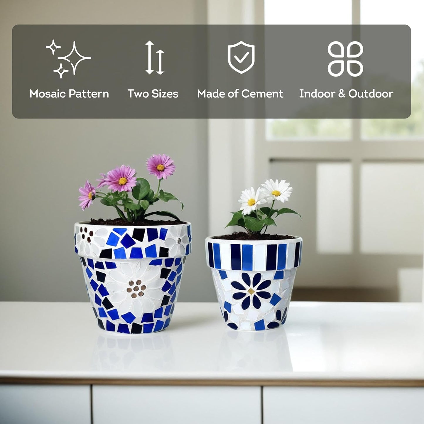 Lily's Home Set of 2 Flowerpots with Mosaic Pattern. Decorative Plant Pots with Drainage Holes for Indoor Outdoor, Perfect for Snake Plants, Succulents,Terracotta. Pots are 4 9⁄10 & 4 ¼ inch Height.