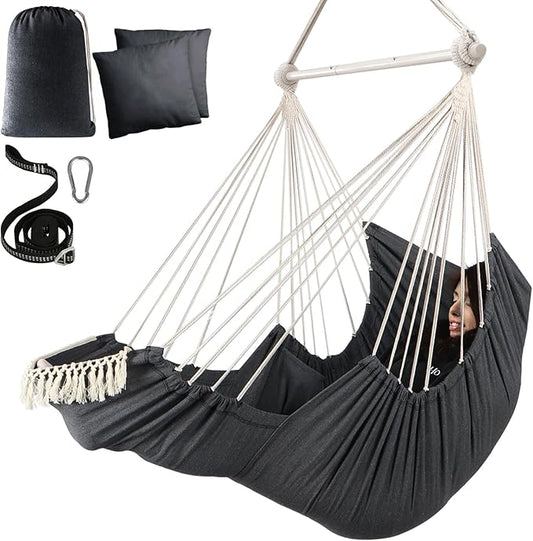 Chihee Hammock Chair Hanging Chair with Foot Rest 2 Cushions Max 500lbs Robust Metal Spreader Bar Collapsible Easy Storage Soft Cotton Swing Chair Strong Strap Iron Carabiner Side Pocket Included