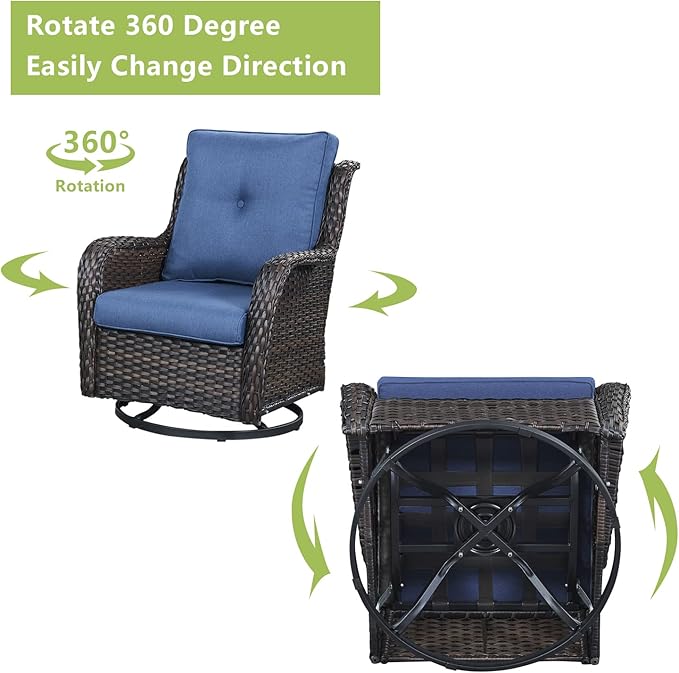 Outdoor Wicker Patio Furniture Set - 5 Piece Rattan Patio Conversation Set with 2 Rocking Swivel Chairs,2 Ottomans and 1 Sofa for Porch Deck Backyard Garden(Brown/Blue)