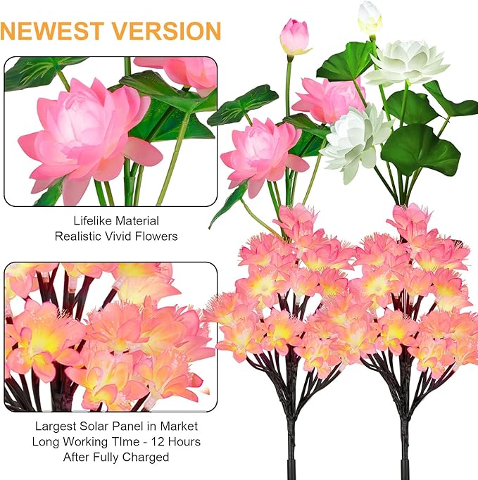 4pack Solar Flower Lights Outdoor Waterproof IP65,Solar Lotus &Peachblossom Garden Decorative Lights Led Flowers Decor Auto On/Off Bright Up to 12Hrs