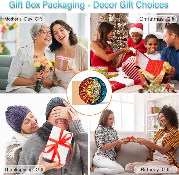 Sun and Moon Stained Glass Suncatchers for Windows Hanging - Celestial Decor Sun Catchers Valentines Day Gifts for Him Her - Handmade Wall Art Home Garden Stain Glass Window Suncatcher with Hooks