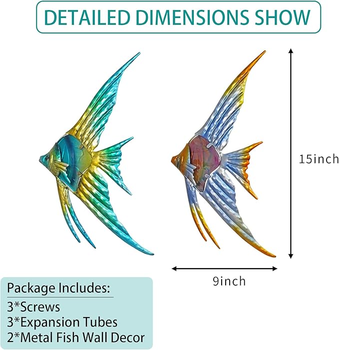 LIFFY Metal Fish Wall art Decor Beach Wall Decor Angelfish Art Sculpture Hanging for Outdoor Ocean Beach Sea Pool Decorations(Pair of Angelfish)