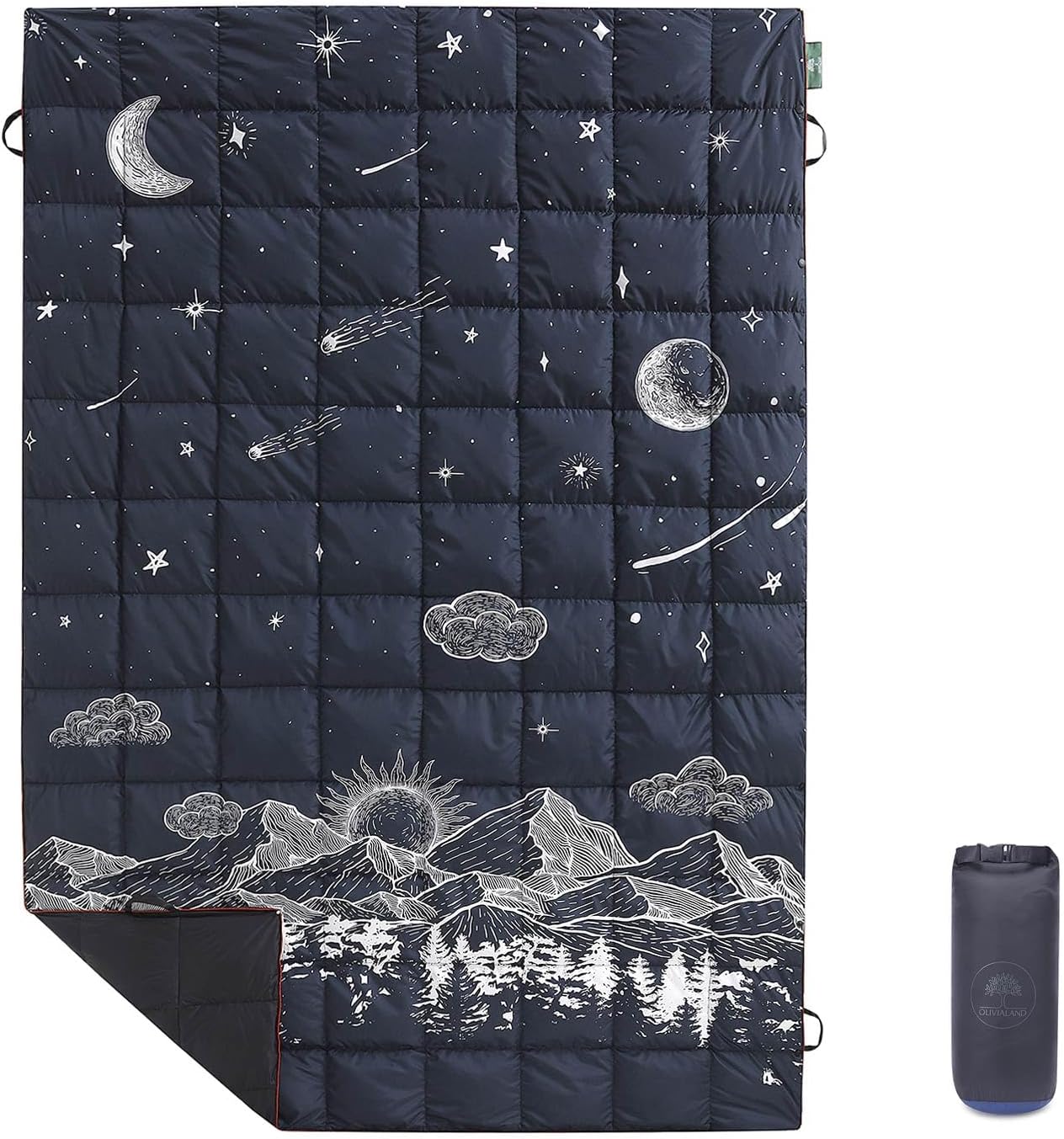 Down Camping Blanket, Ultralight Compact Packable Throw with Snaps for Outdoor Indoor, Travel Stadium Concert Picnic Beach, Puffy 650 Fill Down Water-Resistant Quilt (Midnight Sunrise)