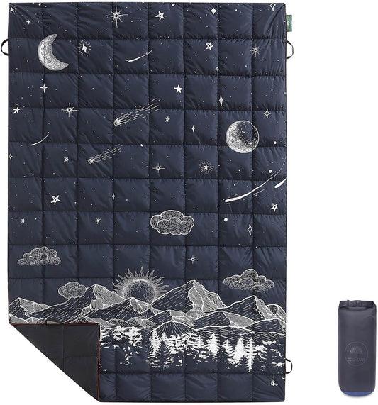 Down Camping Blanket, Ultralight Compact Packable Throw with Snaps for Outdoor Indoor, Travel Stadium Concert Picnic Beach, Puffy 650 Fill Down Water-Resistant Quilt (Midnight Sunrise)