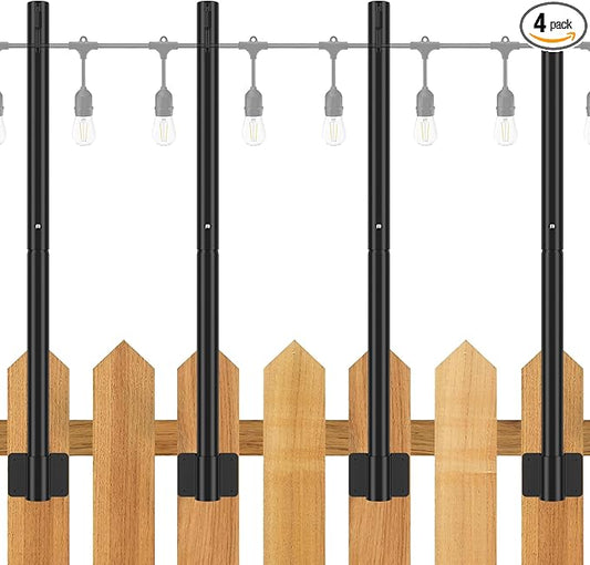 Suchtale 4 Pack 2.8 FT String Light Poles, Suspension Outdoor Fence Post Lights with Clip and Bracket, Outside String Lights Hanging, Wall Mounting Stand for Patio Garden Backyard Wedding Party, Black