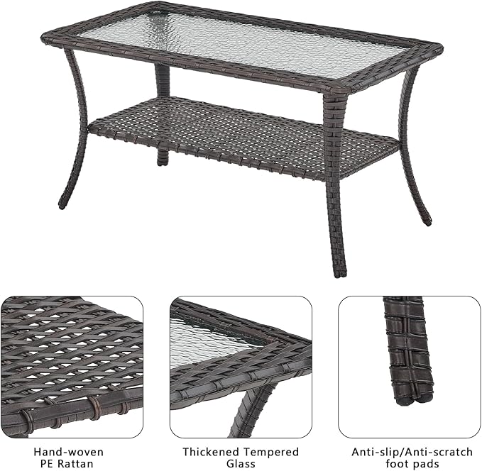 Patio Tables Outdoor Coffee Table - Wicker Rattan Coffee Tables with 2-Tier Storage Shelf Glass Top for Outside Proch Deck Balcony Garden Rectangle Brown