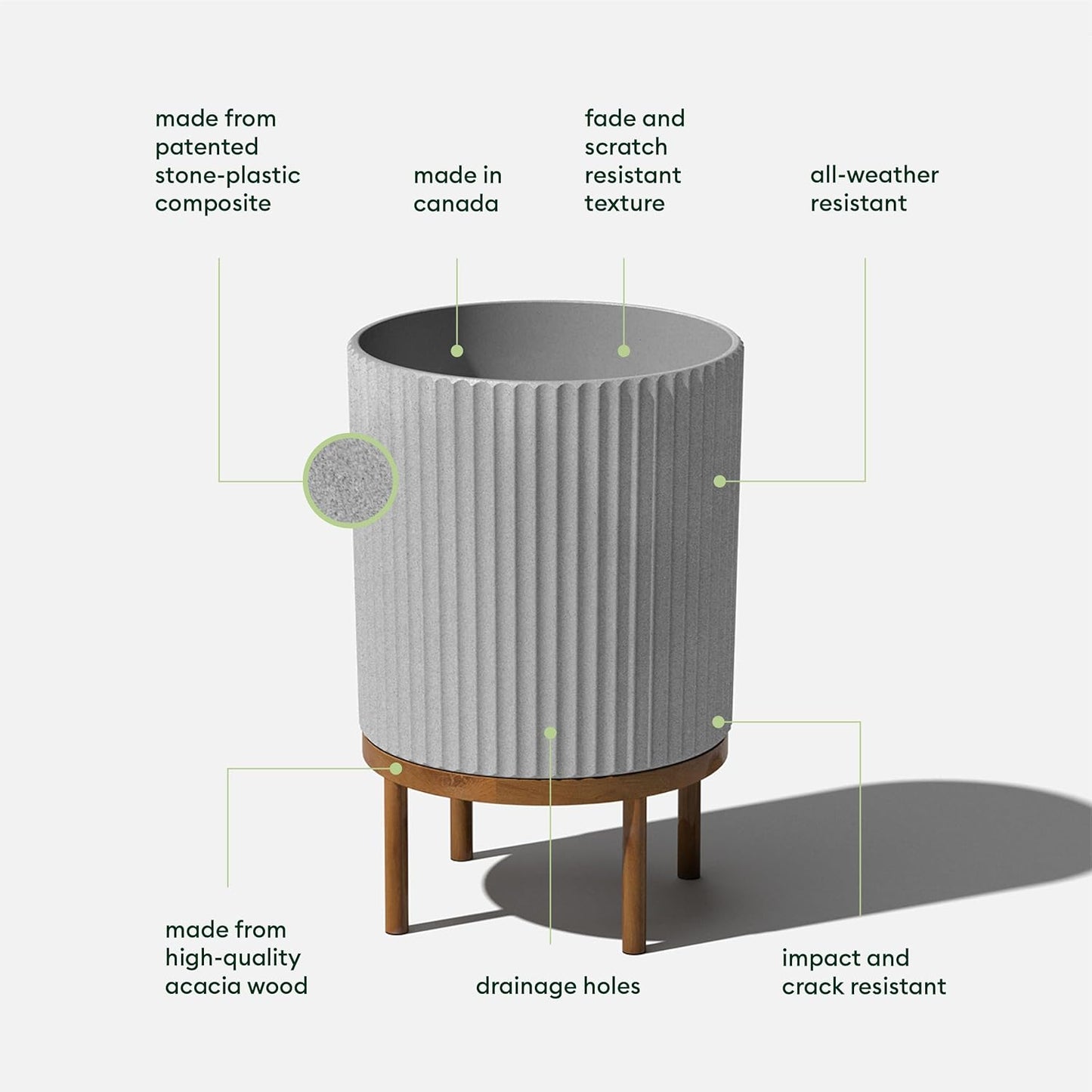 Veradek Demi Series Round Planter w/Stand for Porch/Patio | Durable Plastic-Stone Composite & Wooden Stand | Modern Décor for Tall Plants, Flowers