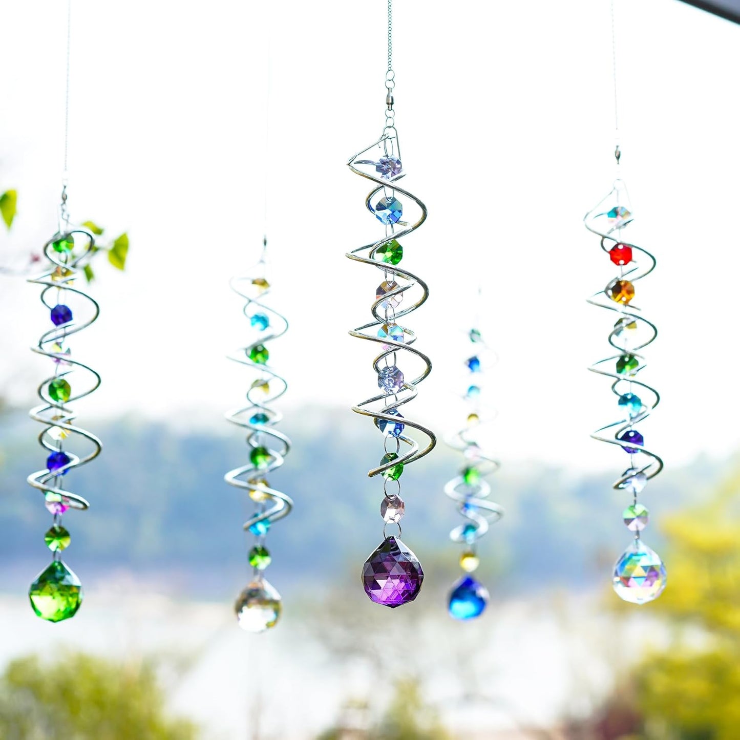H&D HYALINE & DORA 5 Pack Sun Catchers Crystal Suncatchers for Windows Hanging Gazing Ball Spiral Tail Wind Spinners for Yard and Garden Indoor Home Decor