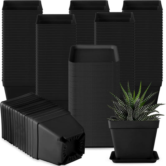 100 Pieces 4 Inch Flower Pots Square Plants Nursery Pot Plastic Plant Seedling Pots Nursery Transplanting Planter Container with Saucer for Indoor Herbs Succulents Balcony Garden Office (Black)