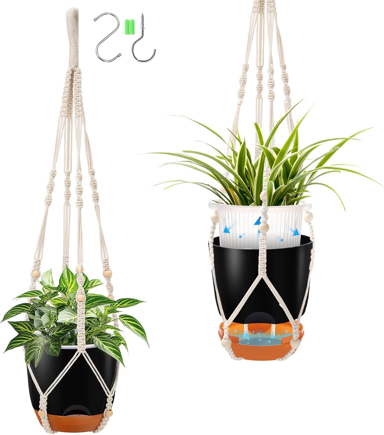 2-Pack 7.2-Inch Self-Watering Hanging Planters for Indoor & Outdoor Plants,34-Inch macrame hanger plant pots indoor with drainage,Small Hanging Planters & Baskets in Black,With two sets of hooks