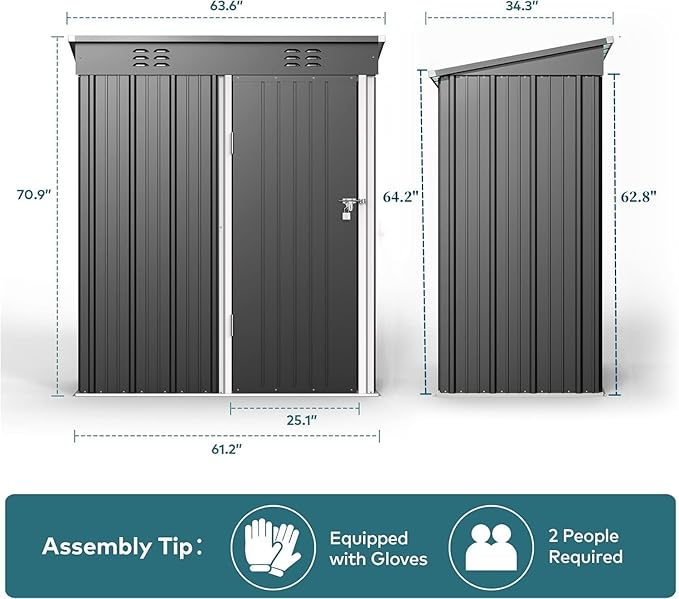Gizoon 5 'x 3'Outdoor Storage Shed with Singe Lockable Door,Galvanized Metal Shed with Air Vent Suitable for The Garden,Tiny House Storage Sheds Outdoor for Backyard Patio Lawn-Dark Gray