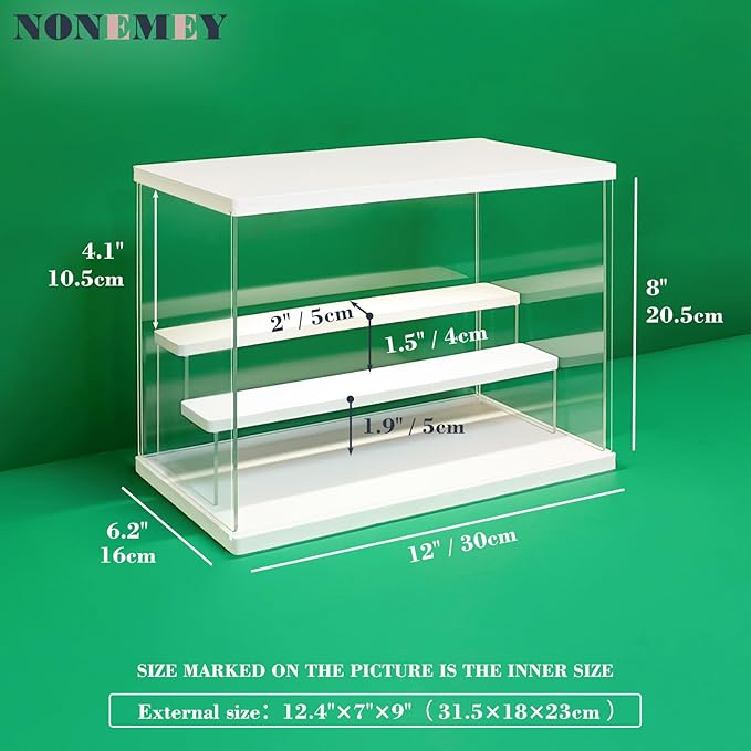NONEMEY Clear Acrylic Display Case Stand with Led Light 2/3/4/5/6 Tier Storage Box Showcase Dustproof Organizer Box for Collectibles (White 3Tier 12.4*7*9inch)