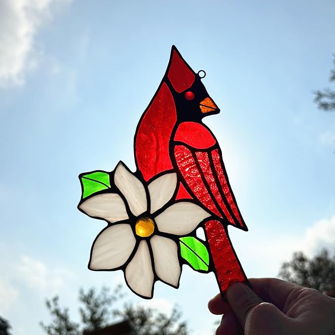 2 Packs Stained Glass Red Cardinal Memorial Gifts for Women, Stained Glass Window Hanging, Red Cardinal on Branch Ornament Suncatcher, Handmade Bird Decor Gift for Mom, Bird Lover
