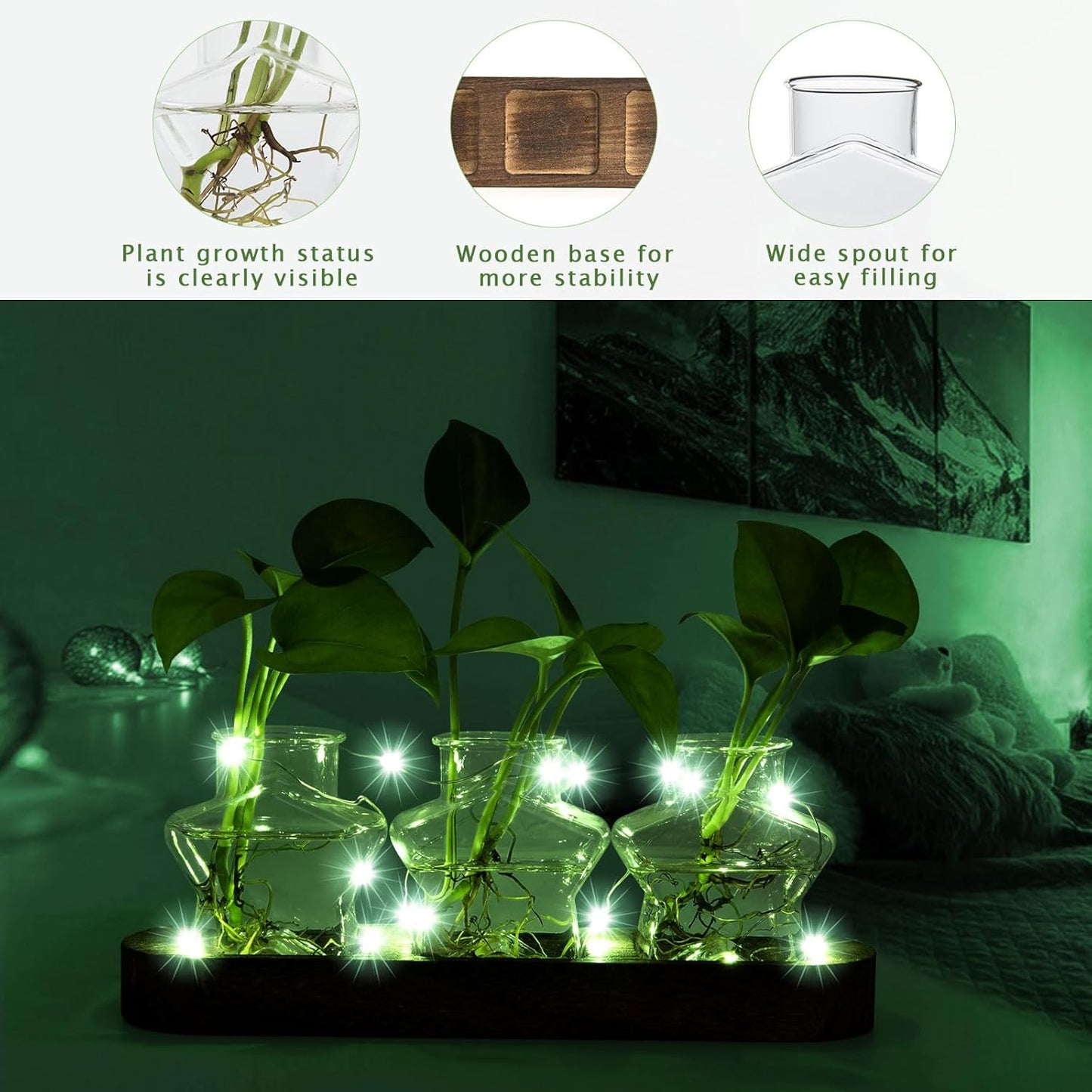 XXXFLOWER Plant Propagation Station with Wooden Stand，Air Plant Terrarium Starter Kits Star Vases for Flowers Plant Cutting Rooting Pots Indoor Hydroponic Glass Planter for Plant Lovers,3 Jars