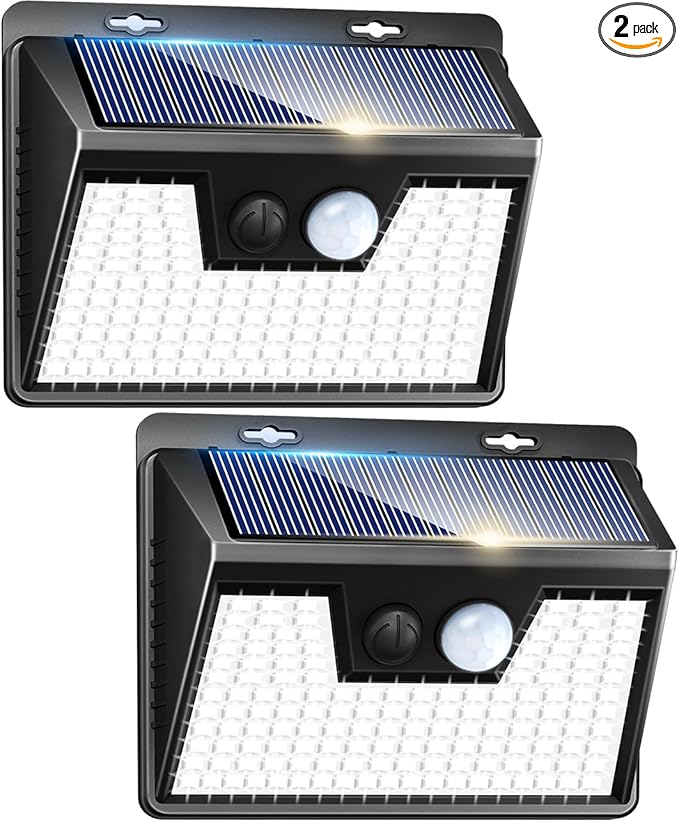 Peasur 2 Pack Solar Lights Outdoor Motion Sensor, 140 LED Solar Powered Fence Wall Light Waterproof, 3 Modes Solar Security Lighting for Outside Yard Deck Garden Stair Step