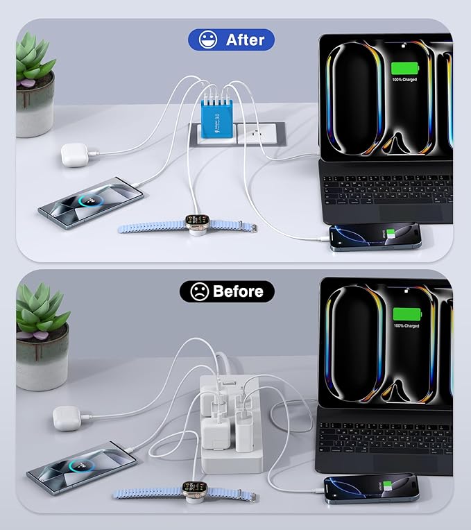 [2-Pack] USB C Wall Charger, 50W USB C Charger Block 5-Port PD Fast Charging Blocks,2USB C+3USB A Multiport Plug,Type C Power Adapter Brick Cube for iPhone 16/15/14/Pro,iPad,Samsung,for Switch（Blue）