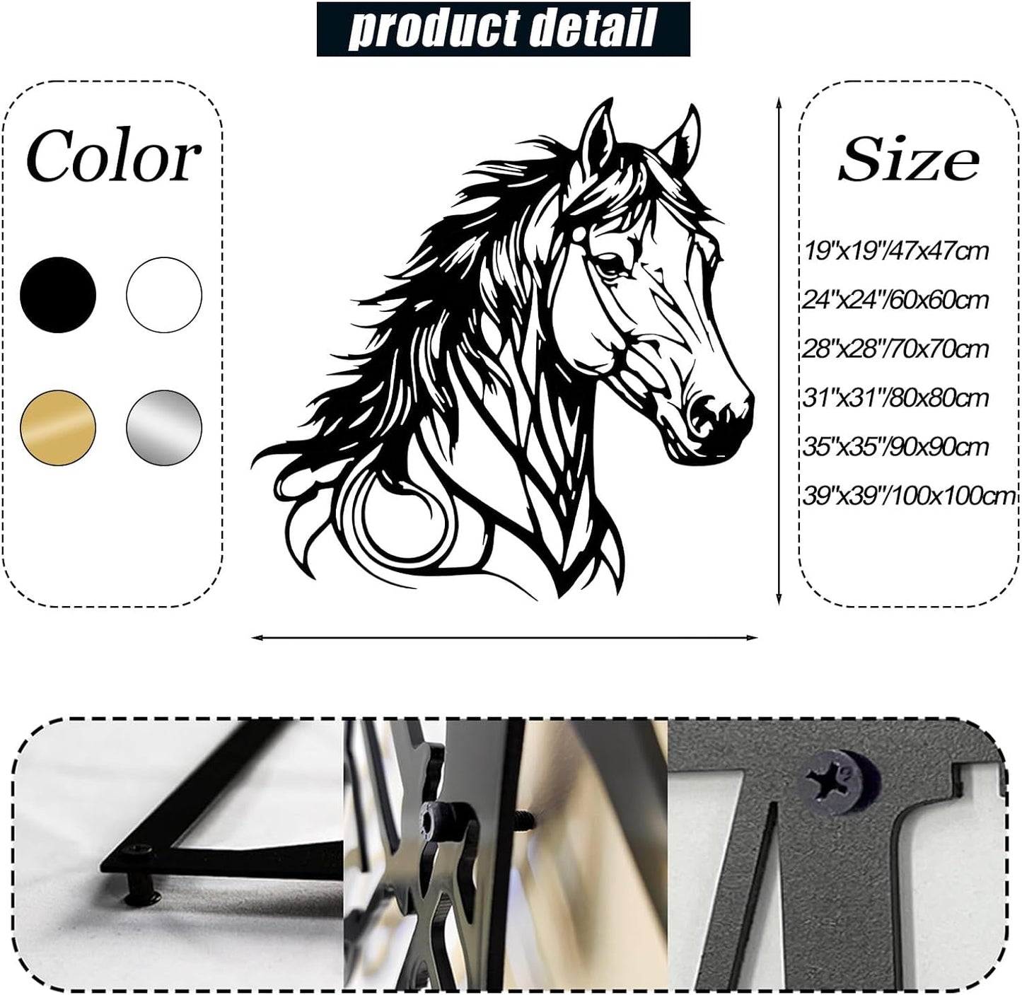 Metal Horse Head Wall Decor, Metal Horse Wall Art, Animal Head Wall Decor, Wildlife Wall Art, Horse Silhouette Art, Hunting Art Wall Hanging (White, 24"x24"/60x60cm)