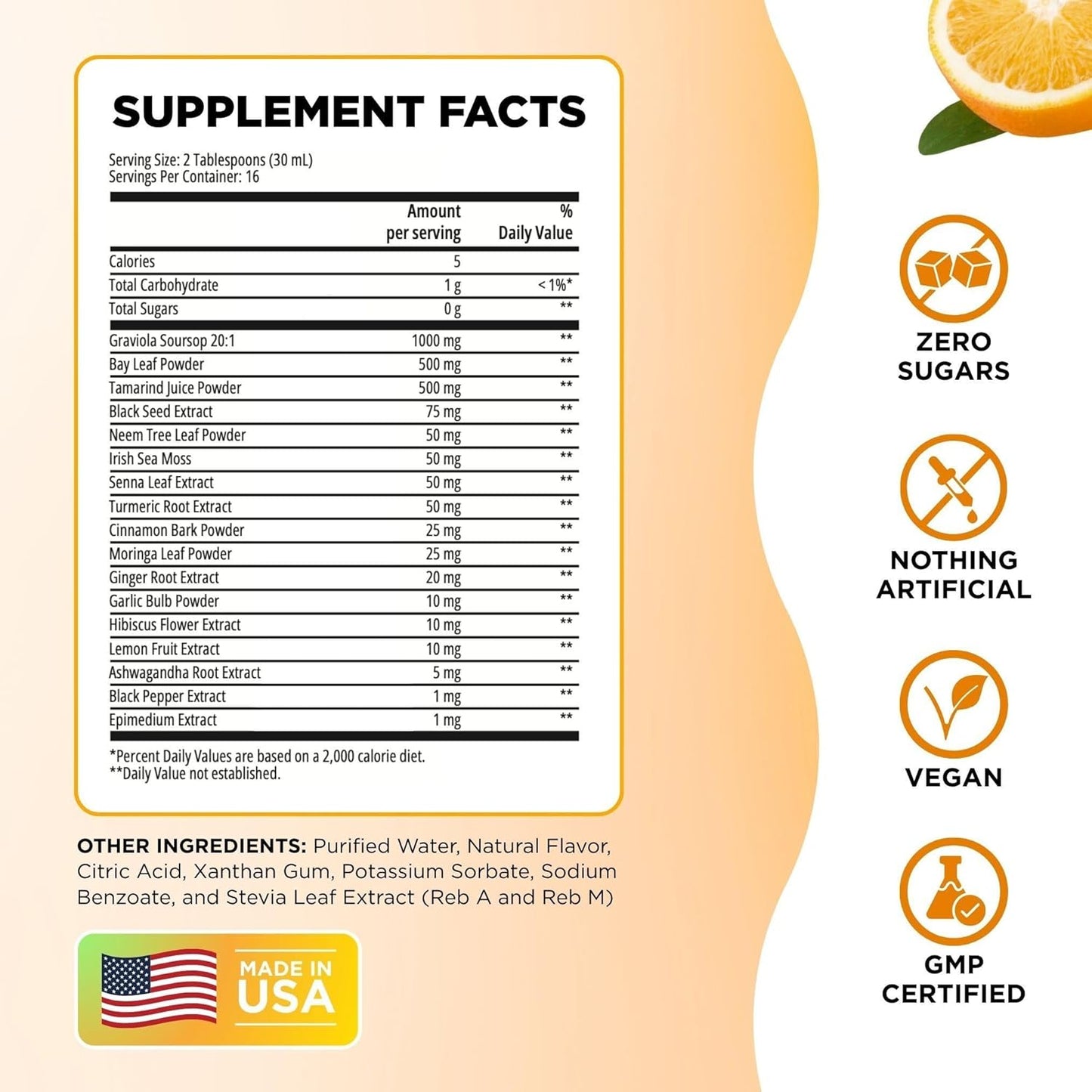 Serene Herbs Soursop Bitters Liquid with Soursop Leaves for Gut Cleanse, Detox & Immune Boost with Black Seed, Moringa, Irish Moss, Ashwaganda, Turmeric, 16 fl oz (16 Fl Oz, Orange)