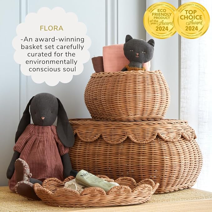 BEBE BASK The Original Scalloped Basket Set Of 2 - Small Scallop Basket - 15 x 10 x 6 In - Hand-Woven & Award-Winning - Elegant Wicker With Scalloped Edge Lid - Nursery Storage - (Mocca)