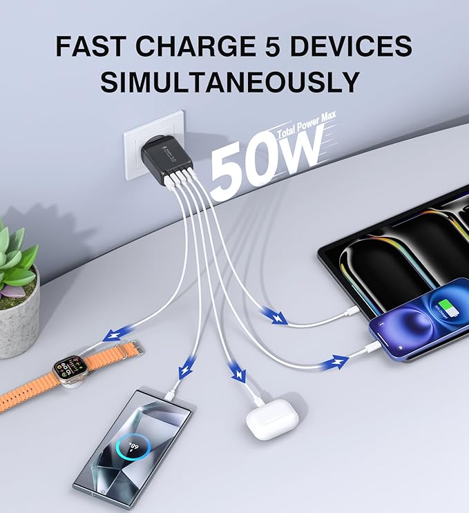 [2-Pack]50W USB C Wall Charger Block, 5-Port C Charger Fast Charging Block PD Power Adapter +QC 3.0 Multiport Type C Box Brick Cube USB A Wall Plug for iPhone 16/15/14/13 Pro Max,Samsung Galaxy(Black)