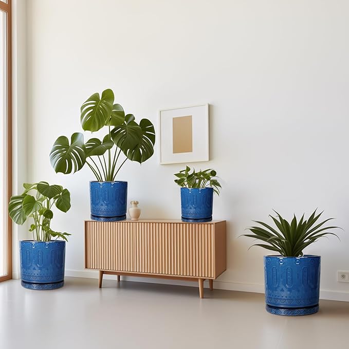 6 Inch Plant Pot - Ceramic Planter for Outdoor Plants Indoor Plant Pot with Drainage Holes and Saucer Succulent Pot Modern Round Flower Pot for House Room Decor Blue