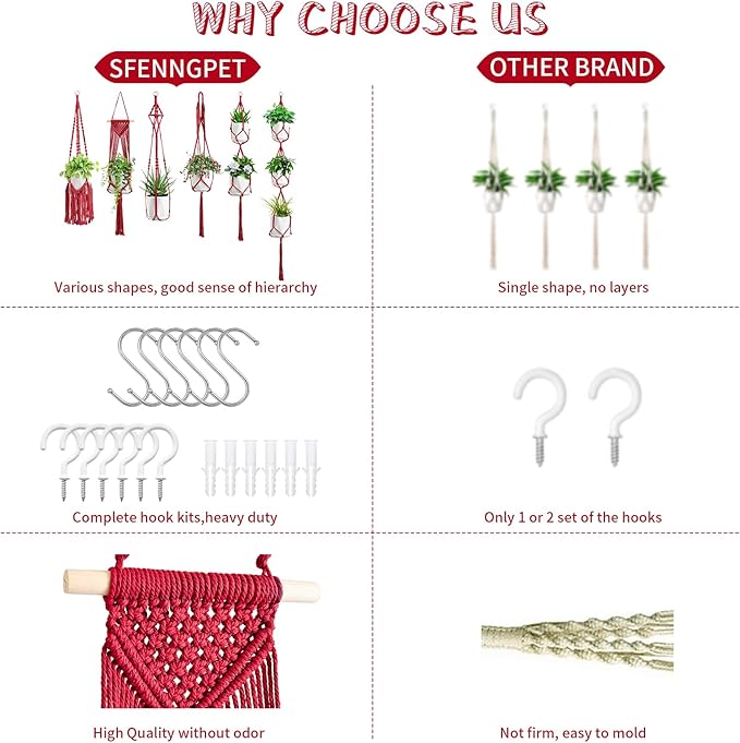 Macrame Plant Hangers, 6Pack Hanging Planters for Indoor Plants w/ 6 Set Hangers Kit Handmade Macromay Plant Hangers Indoor Flower Pots Holder Stand for Boho Home Décor (POTS NOT Included)