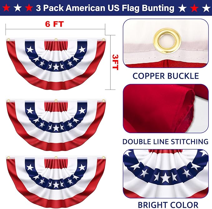 3x6 Ft 3 Pack American Pleated Fan Flag, Patriotic Half Fan Banner American Flag Decoration Bunting for Outside Red White and Blue Decor Independence Day Memorial Day 4th of july Decorations