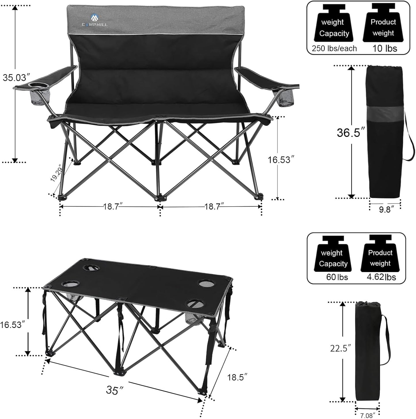 CAMPHILL Camping Chair Set of 3, Outdoor Folding Camping Chairs for Heavy People with Cup Holder & Carry Bag,Collapsible Chair Include One Sofa Chair and Two Single Chair,Support up to 500lbs