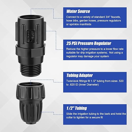 2 Sets Drip Irrigation Pressure Regulator 25PSI & Faucet Adapter Kit, 3/4" Hose Thread Water Pressure Regulator 1/2" Drip Irrigation Tubing Adapter for Drip Irrigation System
