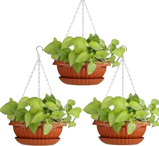 summer flower Planter, 3pcs 12.59in Large Hanging, Plant Pot with Drainage Hole, Plastic, for Indoor Outdoor Garden Herb Succulent, Wall Window Mount, Red2