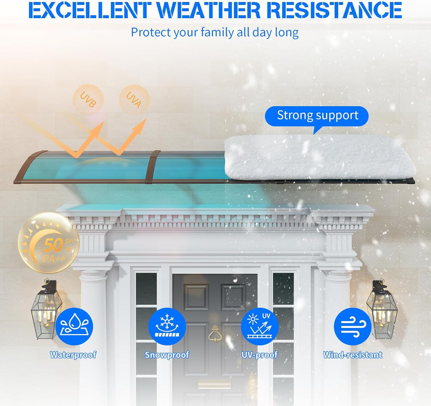 Awning for Door Entrance,40x48 inches Window Awnings for Doors Canopy Polycarbonate Cover Patio Door Awning UV Rain Snow Sunlight Protection Hollow Shee